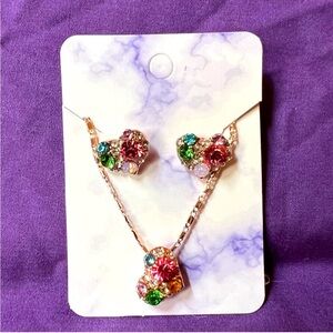 Earrings & Necklace Set Multi Colored Crystal Heart Shaped Pierced & Heart Shape
